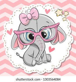 Cute cartoon Elephant girl in pink eyeglasses with a bow