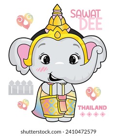 Cute cartoon elephant girl in thai traditional dress with text "sawatdee" Thai pronunciation means hello isolated on white background illustration vector.