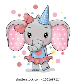 cute cartoon elephant greeting card. Design for party card, print, poster. Pet vector illustration.