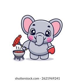 Bonito Elefante De Desenho Animado Grilling Sausage Ícone Ilustração Vetor, Animais Comida E Bebida, Estilo De Desenho Animado Plano
