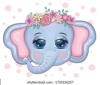 Cute cartoon Elephant head with flower wreath with beautiful eyes surrounded by flowers, children's illustration.. Flora and fauna concept.