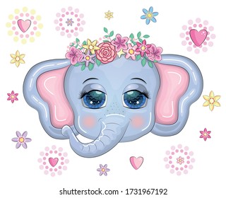 Cute cartoon Elephant head with flower wreath with beautiful eyes surrounded by flowers, children's illustration.. Flora and fauna concept.