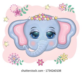 Cute cartoon Elephant head with flower wreath with beautiful eyes surrounded by flowers, children's illustration.. Flora and fauna concept.