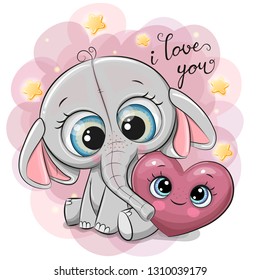 Cute Cartoon Elephant with heart on the stars background