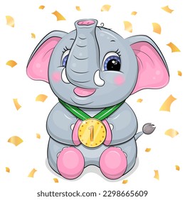 Cute cartoon elephant holding a gold medal. Vector illustration of an animal on a white background with confetti.