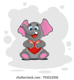 Cute cartoon elephant holding a heart. Postcard Valentine's day. Vector illustration.