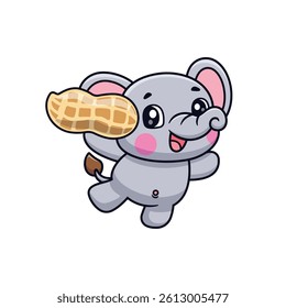 Cute Cartoon Elephant Holding Nuts Illustration Icon Vector, Animals Food, Cartoon Style Flat