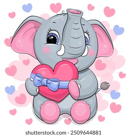 Cute cartoon elephant holds a heart with blue ribbon. Vector illustration of an animal on a white background with pink hearts.