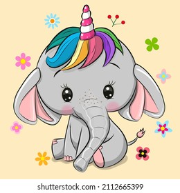 Cute Cartoon Elephant with horn on a yellow background