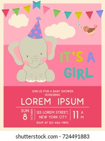 Cute cartoon elephant illustration for girl baby shower card template