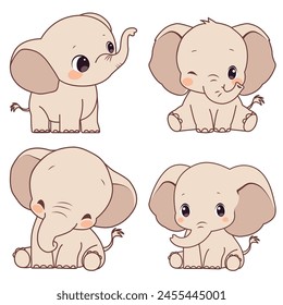 Cute cartoon elephant isolated on white background, color, vector illustration