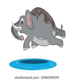 Lindo elefante de dibujos animados saltando al agua adecuado para libros educativos para niños.