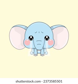 A Cute Cartoon Elephant Kneeling in Tears, Feeling Sad. Vector Illustration.