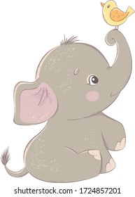 Cute cartoon elephant with little bird