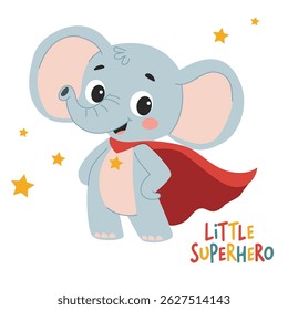 Cute Cartoon Elephant Little super hero. Cute animal in superhero costume. Children's illustration on white background