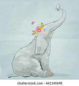 cute cartoon elephant and little white mouse
