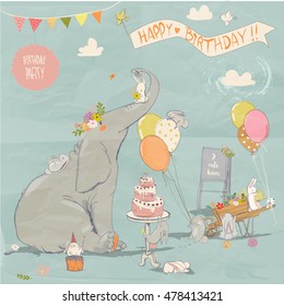 cute cartoon elephant with little white hares