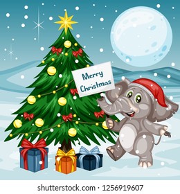 Cute Cartoon Elephant with a Merry Christmas Sign.Happy Animals Standing Next to Christmas Tree with Gift Boxes. Merry Christmas Winter Scene Illustration