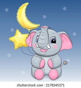 Cute cartoon elephant with moon and star balloons. Night animal vector illustration on blue background.