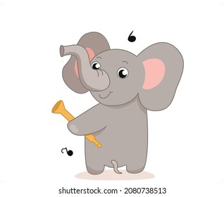 Cute, cartoon elephant with a musical instrument isolated on a white background. Vector illustration graphic design