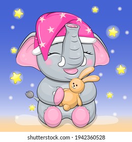 A cute cartoon elephant in a nightcap is holding a toy. Night animal vector illustration on blue background with stars.