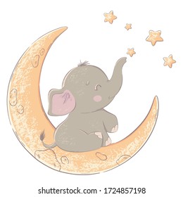 Cute cartoon elephant on the moon