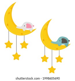 Cute cartoon elephant on the moon. Vector illustration.