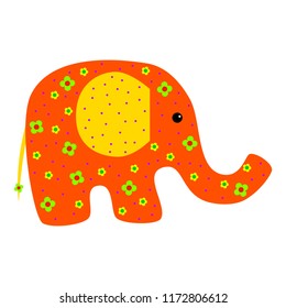 Cute cartoon elephant orange with green polka-dot and flower pattern. Isolated on white background. Flat vector illustration