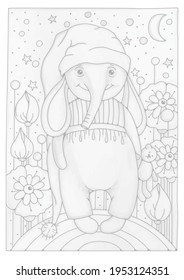 A cute cartoon elephant in pajamas and a hat holds a teddy bear in his hands. Coloring page for children and adults. The file contains a layer with an outline and a layer with shadows. 