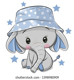 Cute Cartoon Elephant in panama hat isolated on a white background