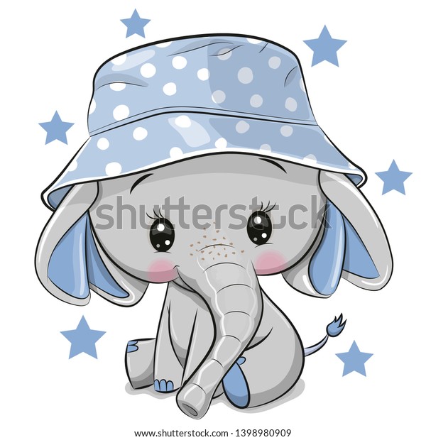 Cute Cartoon Elephant in panama hat isolated\
on a white background