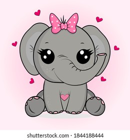 Cute Cartoon Elephant with pink bow on a pink-hearts background. Vector illustration can be used for t-shirt print, fashion print design, kids wear fashion design, baby shower invitation card.
