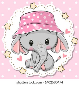 Cute Cartoon Elephant in a pink panama hat on a pink background