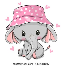 Cute Cartoon Elephant in a pink panama hat isolated on a white background