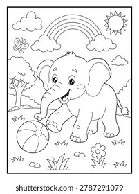Cute Cartoon Elephant Playing with Ball Coloring Page for Kids and Adults. Bold and Easy Outline Activity Page
