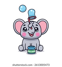 Cute Cartoon Elephant Playing Bubbles Illustration Icon Vector, Animals Holidays, Cartoon Style Flat
