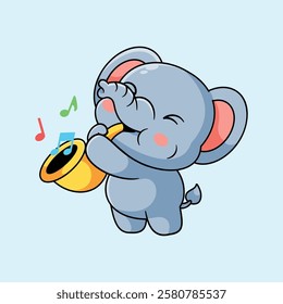 Cute Cartoon Elephant Playing Trumpet