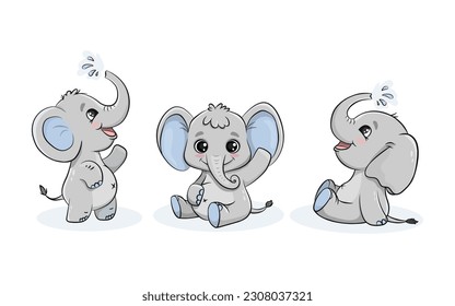 Cute cartoon elephant poured water from his trunk. Funny Animal character. Vector illustration 