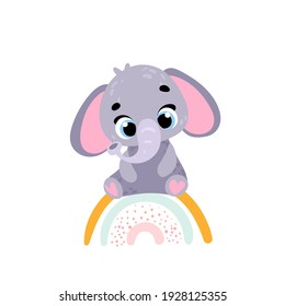 Cute cartoon elephant. Print for baby posters, cards, clothes. Vector cartoon illustration.