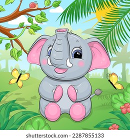 Cute cartoon elephant in the rainforest. Vector illustration of an animal in nature with trees, leaves, flowers and butterflies.