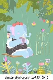 Cute cartoon elephant reading book and swinging on swing