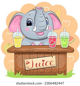 El elefante de dibujos animados cutáneos vende jugo. Ilustración vectorial de un animal con un fondo naranja.