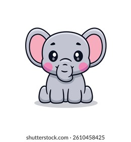 Cute Cartoon Elephant Sitting Illustration Icon Vector, Animals Nature, Cartoon Style Flat