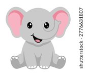 A cute cartoon elephant sitting on a white background with a happy smile on its face