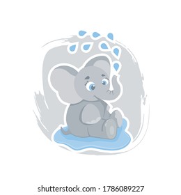 Cute cartoon elephant sitting in a puddle and washing, can be used as a print on children s clothing, vector eps 10 format