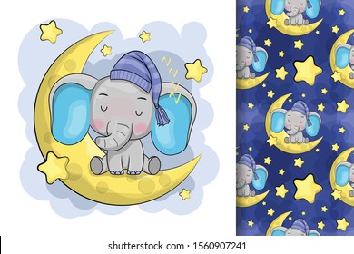 Cute Cartoon elephant is sleeping on the moon