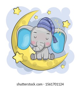 Cute Cartoon elephant is sleeping on the moon