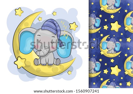 Cute Cartoon elephant is sleeping on the moon