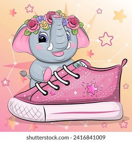 A cute cartoon elephant with a sneaker. Vector illustration of an animal on a colorful background with stars.