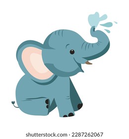 Cute cartoon elephant splashing water from his trunk. Little thick-skinned elephant playing with water. Vector. White background. 